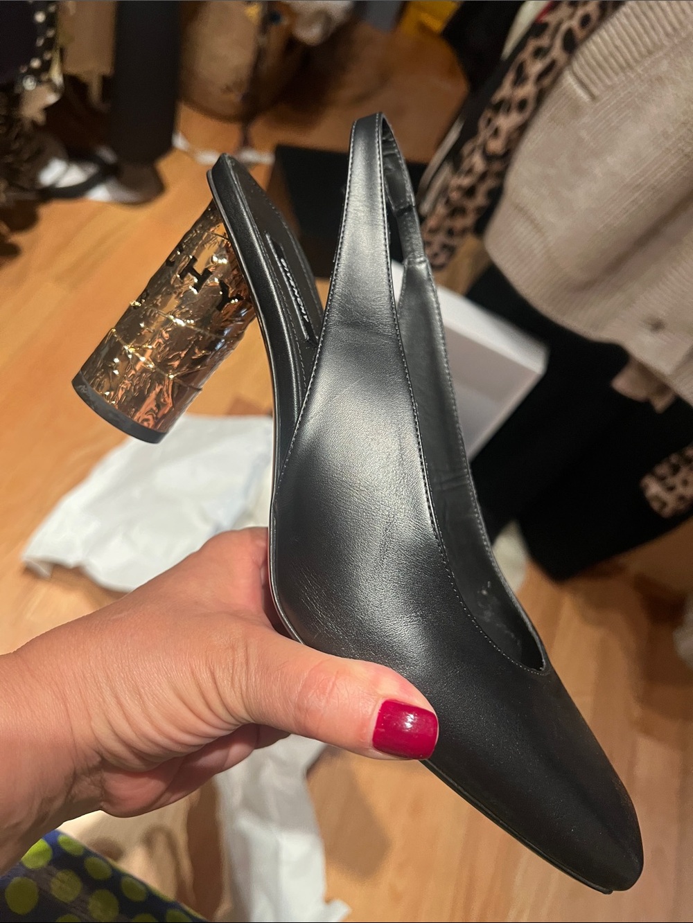 Givenchy Black Leather Slingback Pumps with Gold Stamped Block Heel